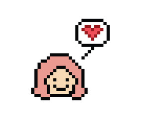 Obraz premium Cute pixel cartoon 8bit character woman lady feel love happy happiness heart emotion lifestyle decoration life style 8 bit female girl fun happy like favorite mood game isolated PNG vector.