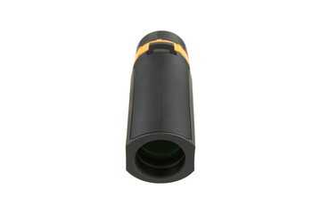 A black and orange monocular telescope with a textured grip, isolated on a white background.