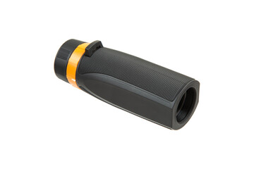 A black and orange monocular telescope with a textured grip, isolated on a white background.