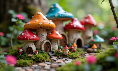 Enchanted Mushroom Village: A whimsical miniature fairy house nestled amongst vibrant flora, showcasing tiny gnomes and a moss-covered pathway.