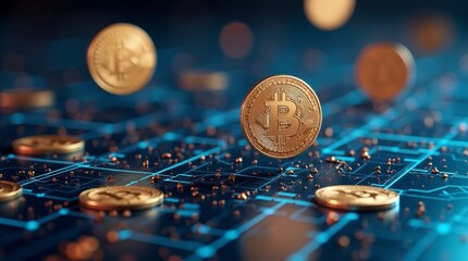 Golden bitcoin coins floating above a digital blue blockchain network, representing cryptocurrency, blockchain technology, and digital finance concepts