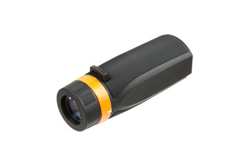 A black and orange monocular telescope with a textured grip, isolated on a white background.