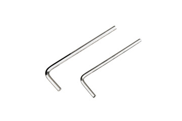 Two metal hex keys, also known as Allen wrenches, on a white background.