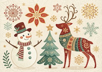 christmas greeting card contains such icons as Santa Claus, Christmas, Gift, Reindeer, Christmas Tree, Snowflake.