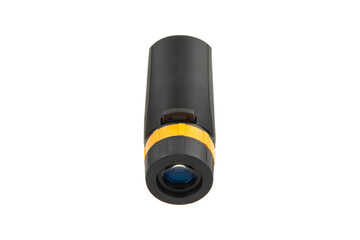 A black and orange monocular telescope with a textured grip, isolated on a white background.