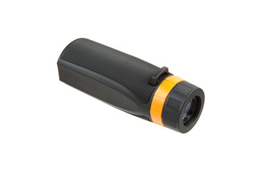 A black and orange monocular telescope with a textured grip, isolated on a white background.