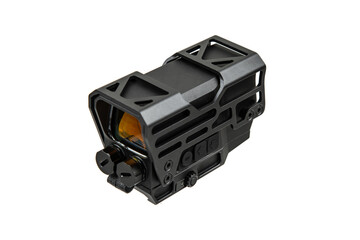 A tactical holographic sight with a rugged, black metal frame, featuring adjustment knobs and...
