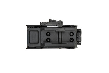A tactical holographic sight with a rugged, black metal frame, featuring adjustment knobs and buttons.