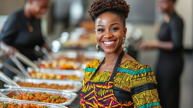 Happy African Woman Catering Event Food Service Smiling