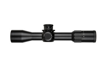 A black rifle scope with adjustment knobs, a sleek design, and clear markings, isolated on a white...