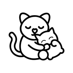 cat cuddling a toy icon, cat day line art, cat day icon - simple black line art icon of cat cuddling a toy, symbolizing cat day celebrations. cat day vector art.