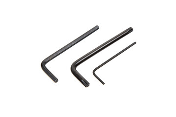 Three different sizes of L-shaped hex keys, also known as Allen wrenches, are displayed against a white background