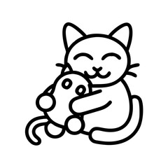 Fototapeta premium cat cuddling a toy icon, cat day line art, cat day icon - simple black line art icon of cat cuddling a toy, symbolizing cat day celebrations. cat day vector art.