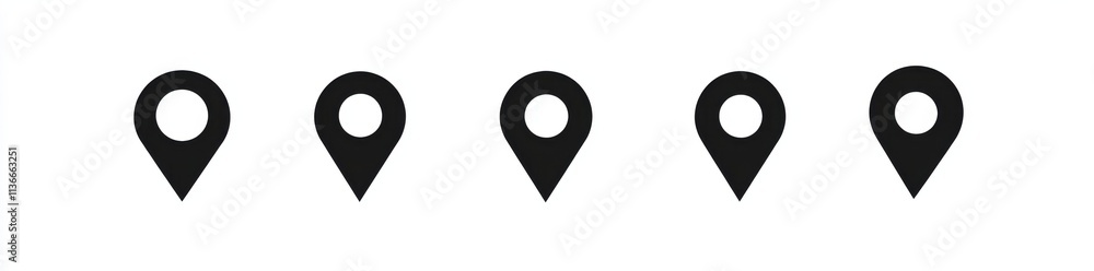 Aufkleber five simple black location pins arranged in a row, symbolizing navigation and geographic marking.