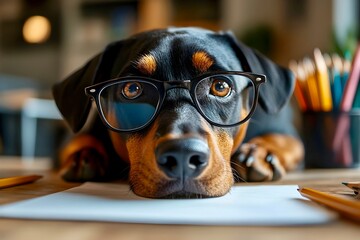 Close-up of the muzzle of a tired and sad Doberman with glasses. He puts his muzzle on a blank sheet on the table and asks with a look to let him go fooling around. He is sad and wants to play.