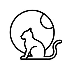 cat silhouette in moonlight icon, cat day line art, cat day icon - simple black line art icon of cat silhouette in moonlight, symbolizing cat day celebrations. cat day vector art.