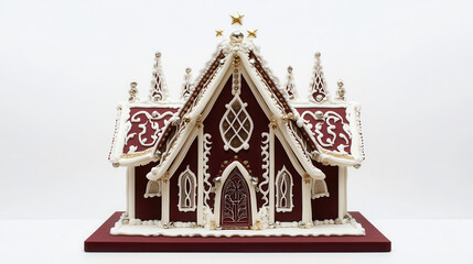 A gingerbread house inspired by vintage Scandinavian designs, featuring deep burgundy icing, ornate white frosting patterns
