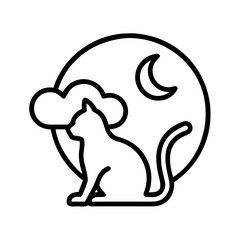 cat silhouette in moonlight icon, cat day line art, cat day icon - simple black line art icon of cat silhouette in moonlight, symbolizing cat day celebrations. cat day vector art.