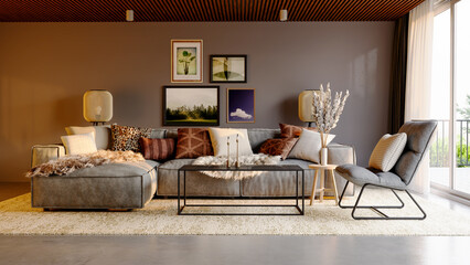 Large luxury modern bright interiors Living room mockup illustration 3D rendering image