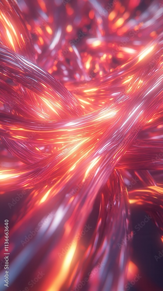 Poster a vibrant, abstract image featuring intertwining strands of light, showcasing a blend of red and pur