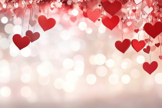 A festive display of hanging red hearts captures the essence of Valentines Day, creating a romantic atmosphere enhanced by sparkling bokeh lights, adding charm to the celebration