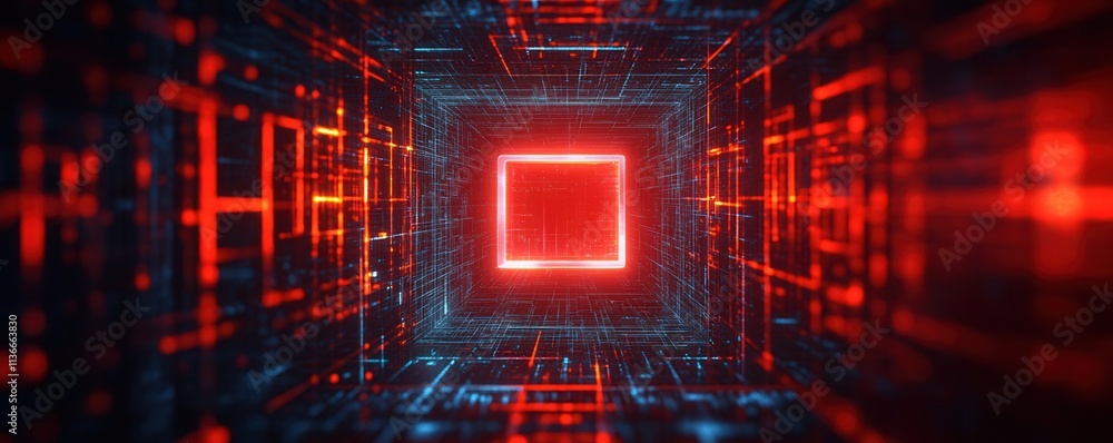 Poster a vibrant, futuristic tunnel of glowing blue and red lights, creating a mesmerizing digital space wi