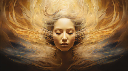 Surreal portrait of a serene woman with closed eyes, surrounded by abstract golden and amber swirls resembling light or energy