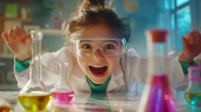 Excited young girl conducting science experiment in laboratory