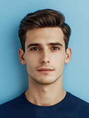 Male portrait ID card photo on blue background