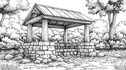 Rustic stone and wood shelter in woods.