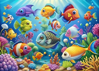 Fototapeta premium Vibrant Cartoon Ocean and Sea Fish Collection on White Background - Perfect for Children's Decor, Educational Materials, and Underwater Themes