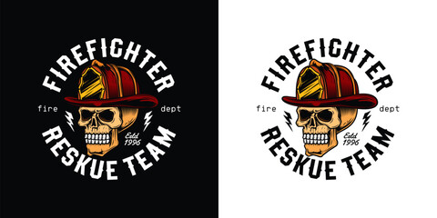 Human skull in a fire helmet. Firefighter. Original vector illustration in vintage style. T-shirt design.