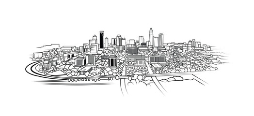 Vector line art graphic of the Charlotte, North Carolina Skyline encircled in infrastructure to highlight growth