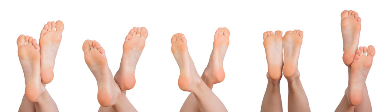 Bare feet crossed. Relaxed pose showcasing smooth soles, toes, and heels, emphasizing natural skin and wellness. Perfect for foot care, spa, or relaxation concepts isolated on