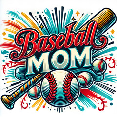 Obraz premium Colorful baseball mom design featuring bat, ball, and vibrant graphics
