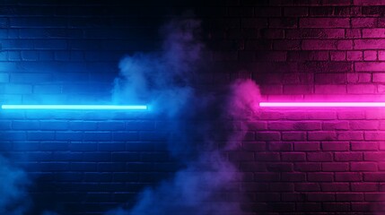 Abstract background with neon blue and pink lights on a dark brick wall, smoke enhancing a vacant room for a modern banner or mock-up.