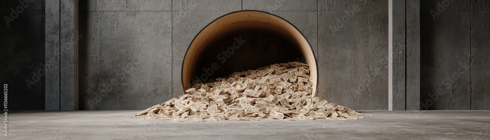 Aufkleber a cylindrical container spills a pile of small materials onto a concrete floor, creating a contrast 