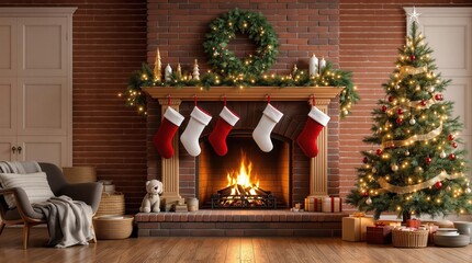 Cozy Christmas living room with fireplace, decorated Christmas tree, and stockings. Perfect for holiday cards, websites, and social media