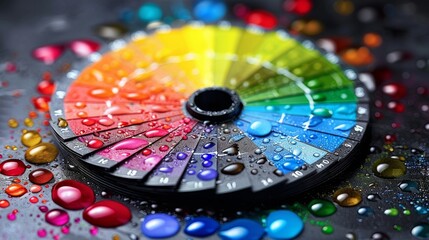 Obraz premium Color palette with drops of water on vibrant background showcases hues and tones for artistic inspiration and design ideas