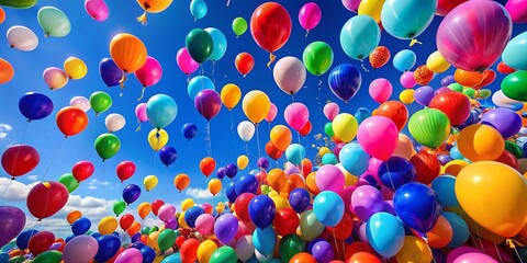 Vibrant Colorful Balloons Floating Gracefully in the Air Celebrating Outdoors at a Festive Gathering with a Clear Blue Sky in the Background, Perfect for Celebrations and Joyful Moments