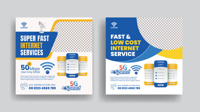 Broadband internet and telecommunications service square poster or flyer set or social media posts, ads, banner template