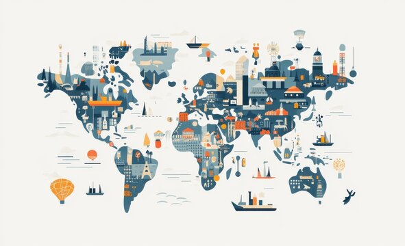 Fototapeta A colorful, illustrated world map featuring iconic landmarks, cities, and transportation elements, highlighting global connectivity and exploration.