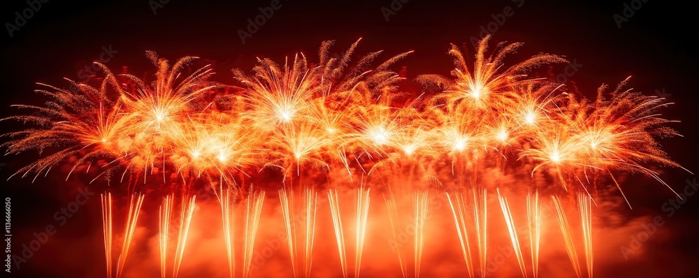 Poster a vibrant display of red fireworks illuminating the night sky, creating an awe-inspiring spectacle o