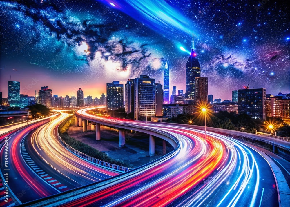 Poster vibrant data stream on a curved highway at night capturing the energy of urban exploration with colo