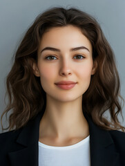 Female portrait ID card photo on gray background
