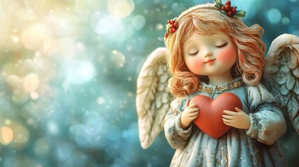 The Figurine of an Angel Holding a Heart With Golden Wings on a Glowing Background Representing Love and Serenity