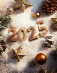 Christmas new year eve celebration setting with golden 2025 numbers in the center covered in pure flat snow and christmas balls, cones and stars