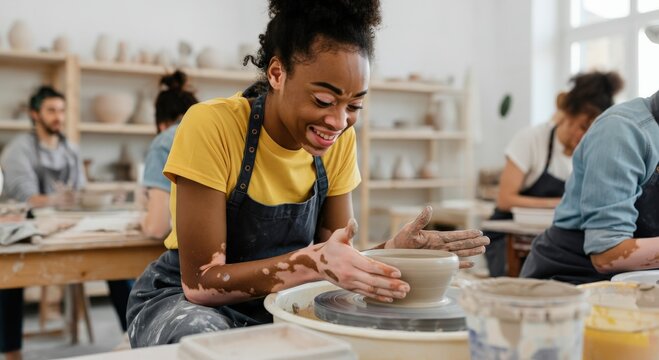 African female potter enjoying crafting in creative workshop setting for artistic expression and skill development