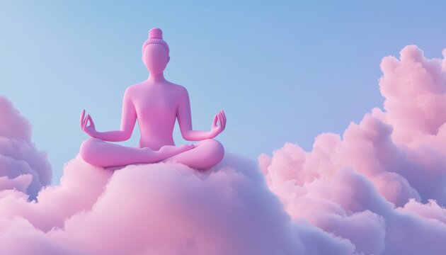 A serene pink figure meditating on fluffy clouds against a soft blue sky, embodying tranquility and spiritual harmony.
