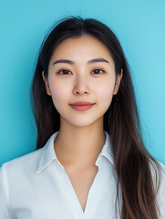Female portrait ID card photo on blue background